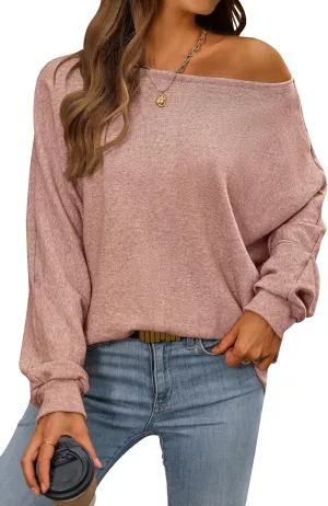 CFLONGE Fall Sweaters for Women 2025 Casual Pullover Off The Shoulder Sweater Batwing Long Sleeve Sweatshirt Knit Jumper Tops