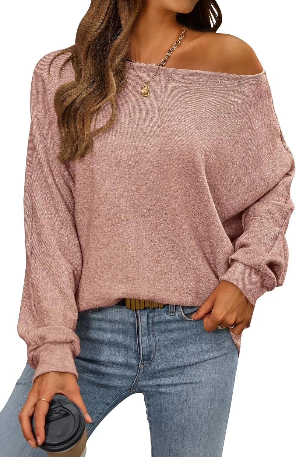 CFLONGE Fall Sweaters for Women 2025 Casual Pullover Off The Shoulder Sweater Batwing Long Sleeve Sweatshirt Knit Jumper Tops