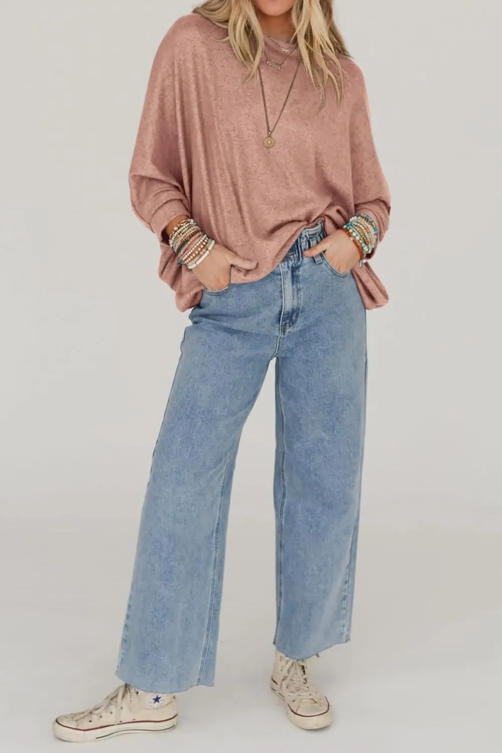 CFLONGE Fall Sweaters for Women 2025 Casual Pullover Off The Shoulder Sweater Batwing Long Sleeve Sweatshirt Knit Jumper Tops