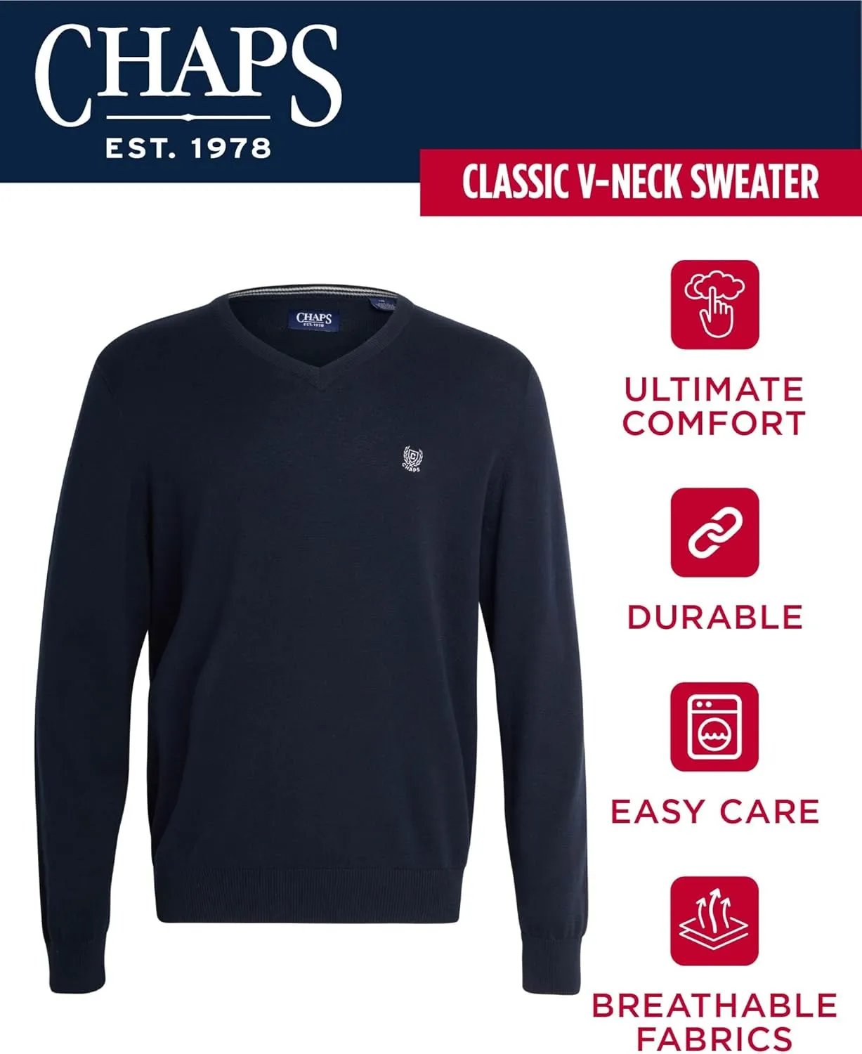 Chaps Men's Casual V Neck Sweater - Ribbed Knit Slim Fit Long Sleeve Pullover Top for Men (M-2XL)