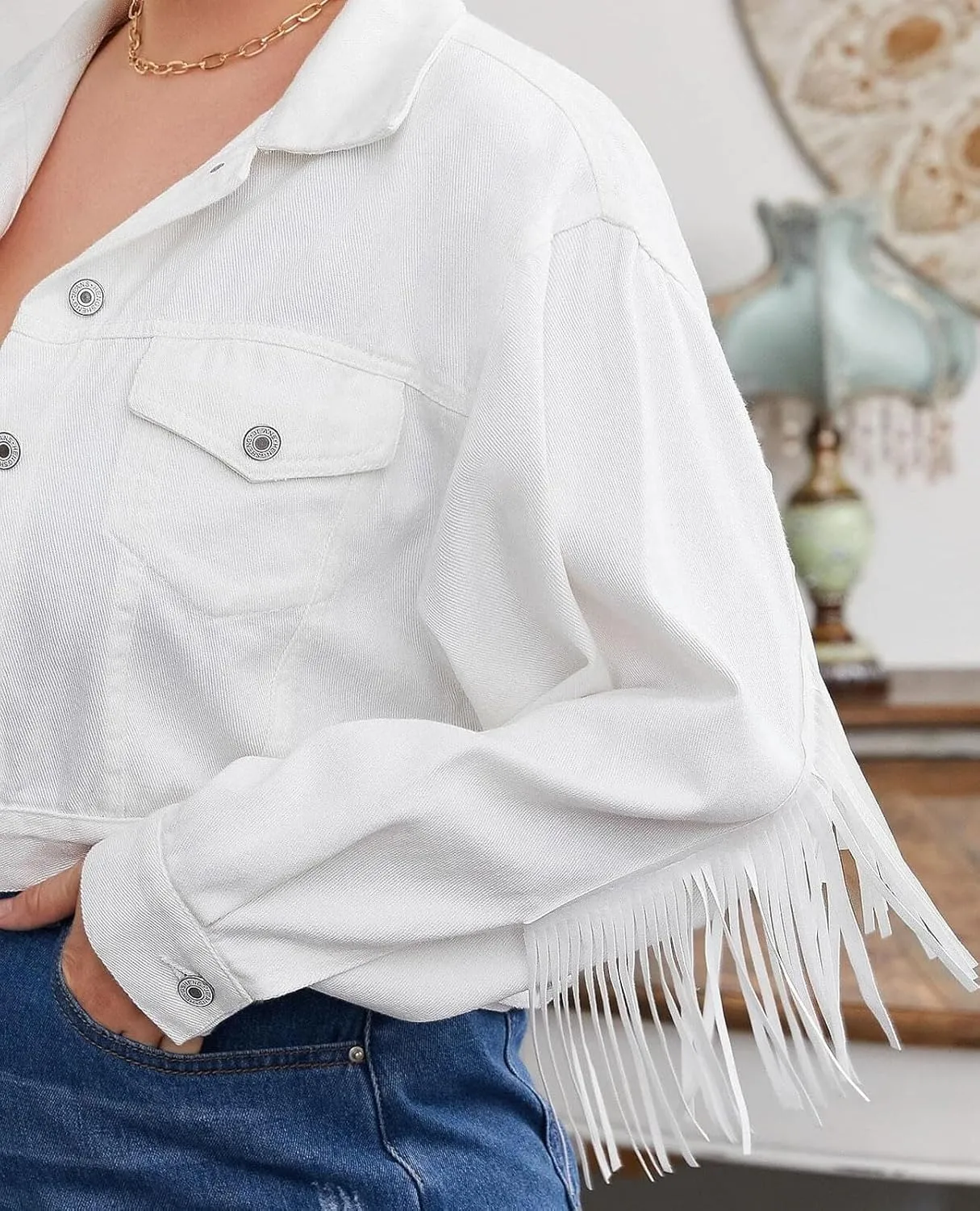CHARTOU Women's Chic Button Down Tassel Fringe Denim Jean Cropped Jacket