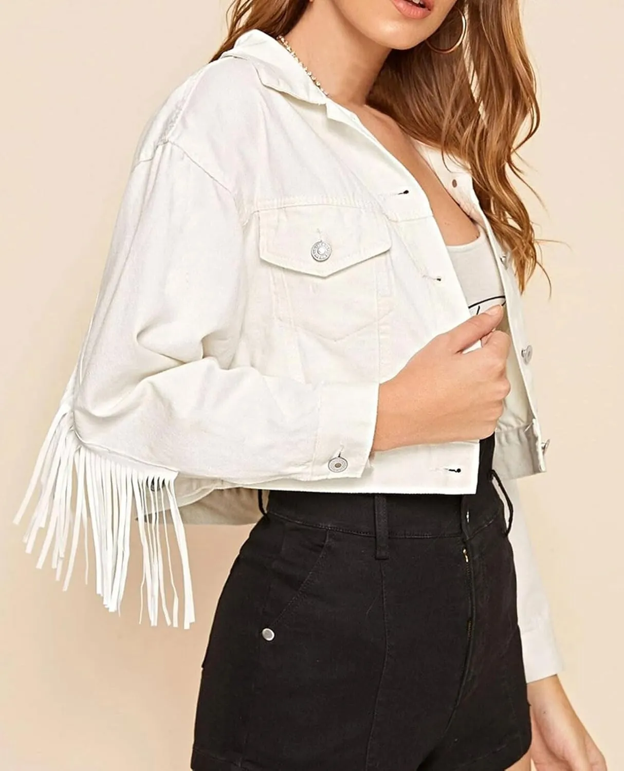 CHARTOU Women's Chic Button Down Tassel Fringe Denim Jean Cropped Jacket