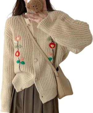 CHARTOU Women's Cute Crew Neck Chunky Knit Floral Embroidery Open Front Cardigan Sweater