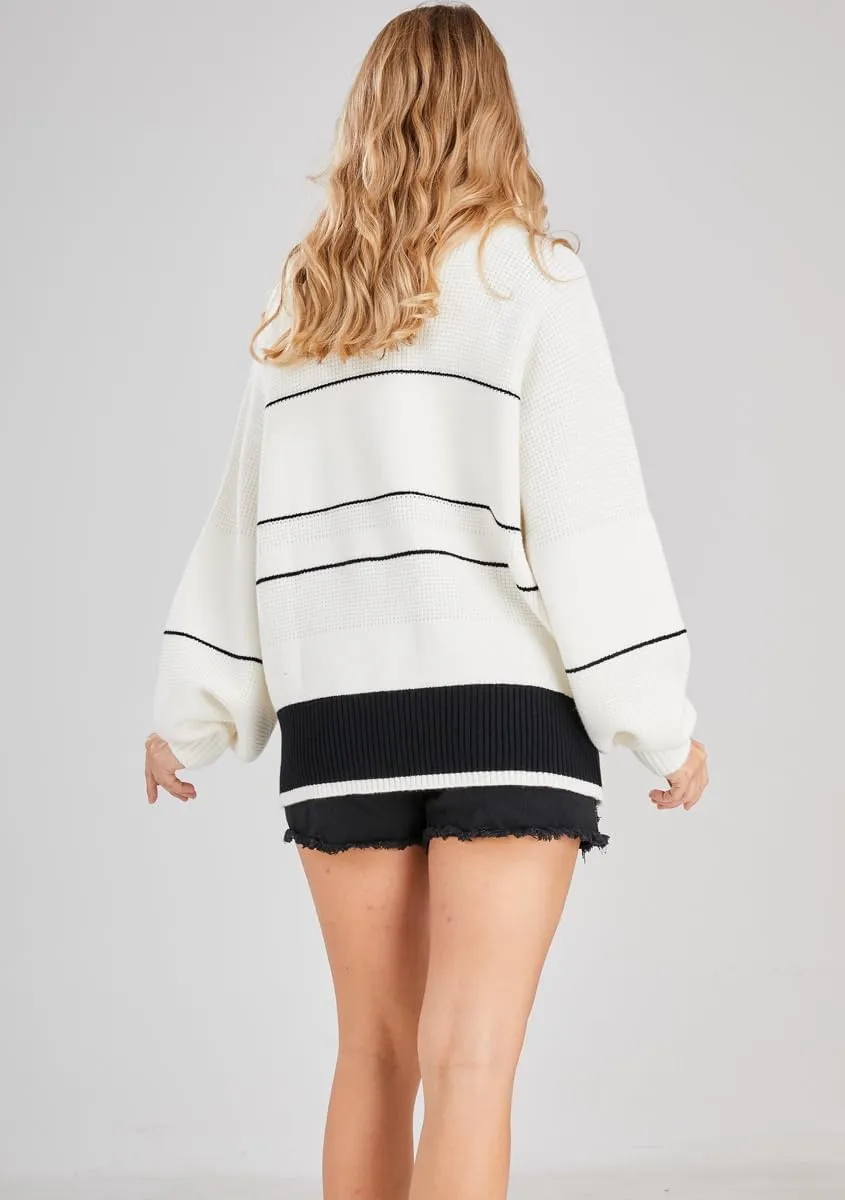 chouyatou Women's Slouchy Waffle Knit Sweater 1/2 Button Polo Collared Pullover Striped Sweater Tops
