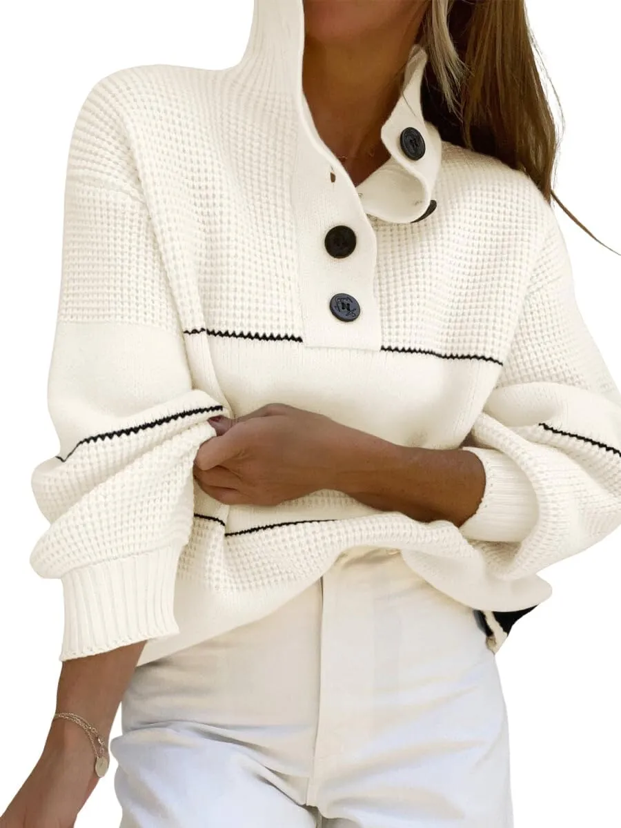 chouyatou Women's Slouchy Waffle Knit Sweater 1/2 Button Polo Collared Pullover Striped Sweater Tops