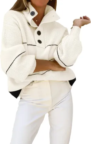 chouyatou Women's Slouchy Waffle Knit Sweater 1/2 Button Polo Collared Pullover Striped Sweater Tops
