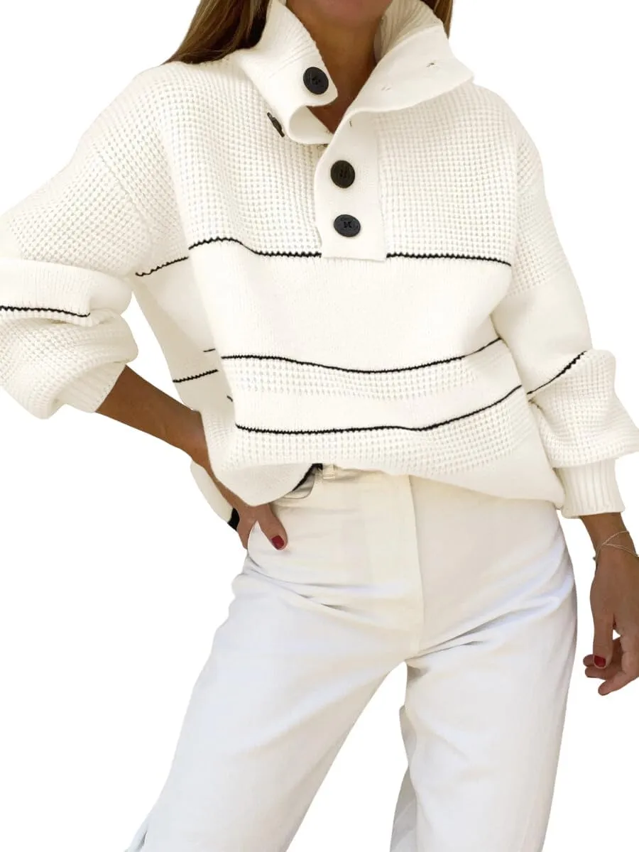 chouyatou Women's Slouchy Waffle Knit Sweater 1/2 Button Polo Collared Pullover Striped Sweater Tops