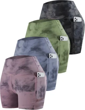CHRLEISURE Womens Biker Yoga Shorts with Pockets: High Waisted Tummy Control Spandex Workout Athletic Gym Shorts 4 Packs