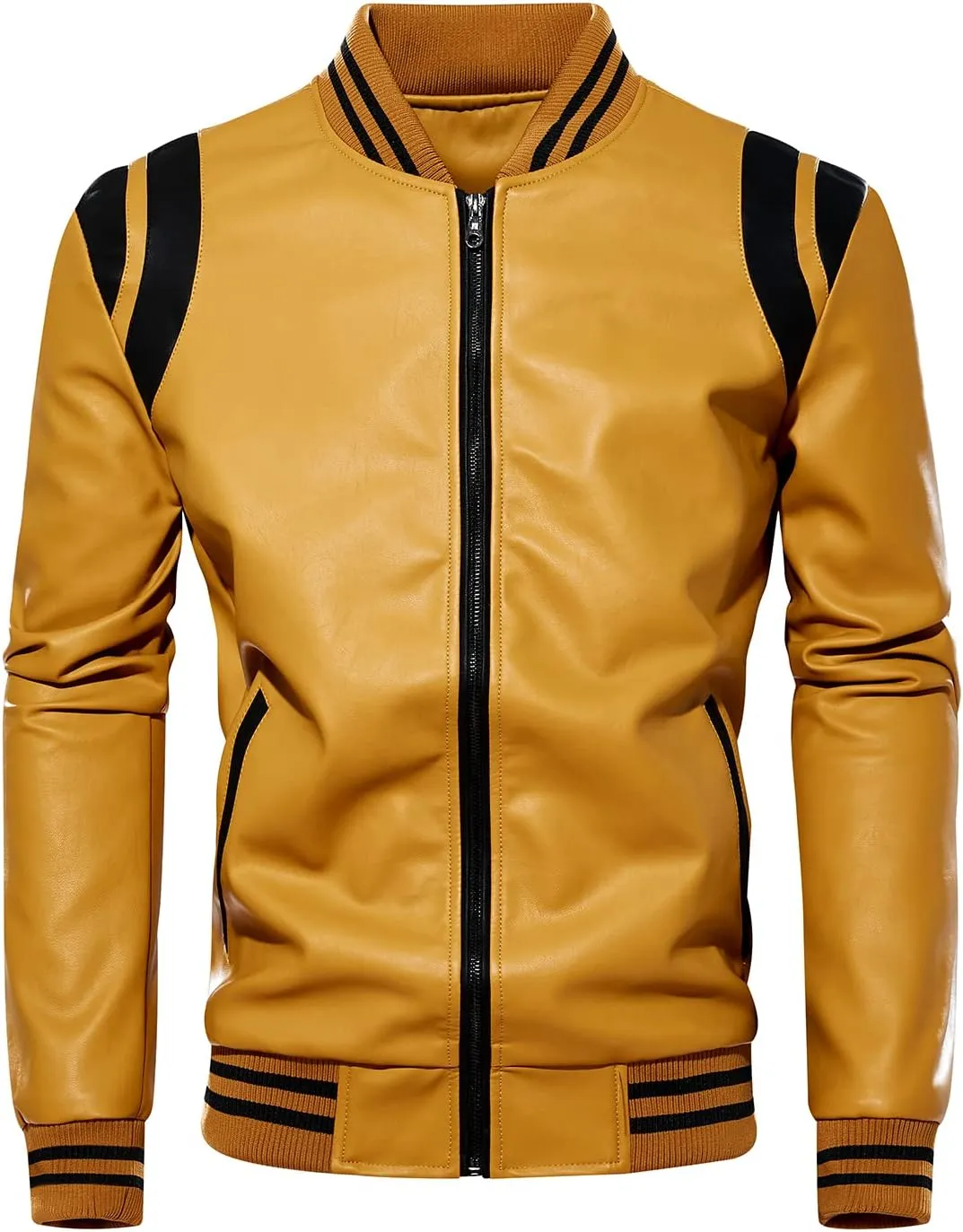 chuida Mens Stand Collar leather jacket Motorcycle Lightweight leather jacket men Faux Leather Bomber Casual Outwear