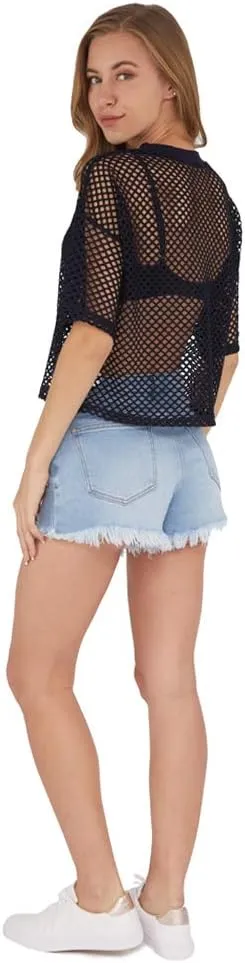 CLOZOZ Women's Mesh Cover Up See Through Fishnet T-Shirt Crop Top