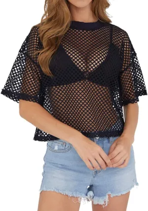 CLOZOZ Women's Mesh Cover Up See Through Fishnet T-Shirt Crop Top