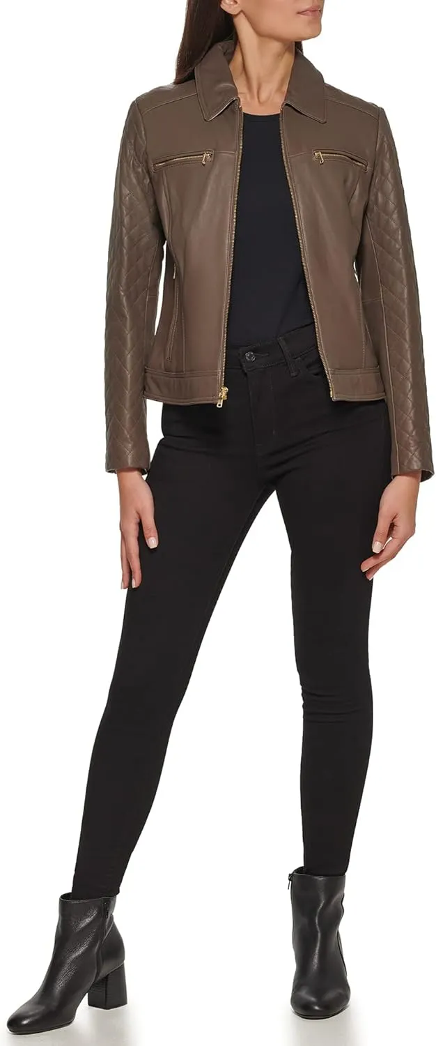 Cole Haan Women's Diamond Quilted Sleeve Shirt Collar Leather Coat