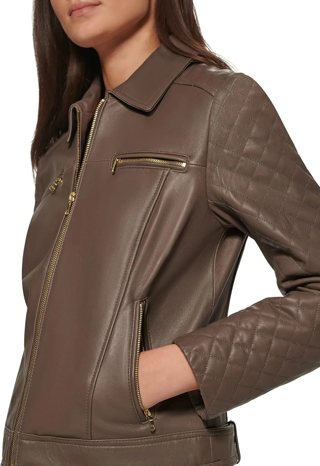 Cole Haan Women's Diamond Quilted Sleeve Shirt Collar Leather Coat
