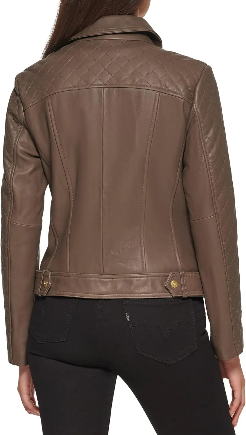 Cole Haan Women's Diamond Quilted Sleeve Shirt Collar Leather Coat