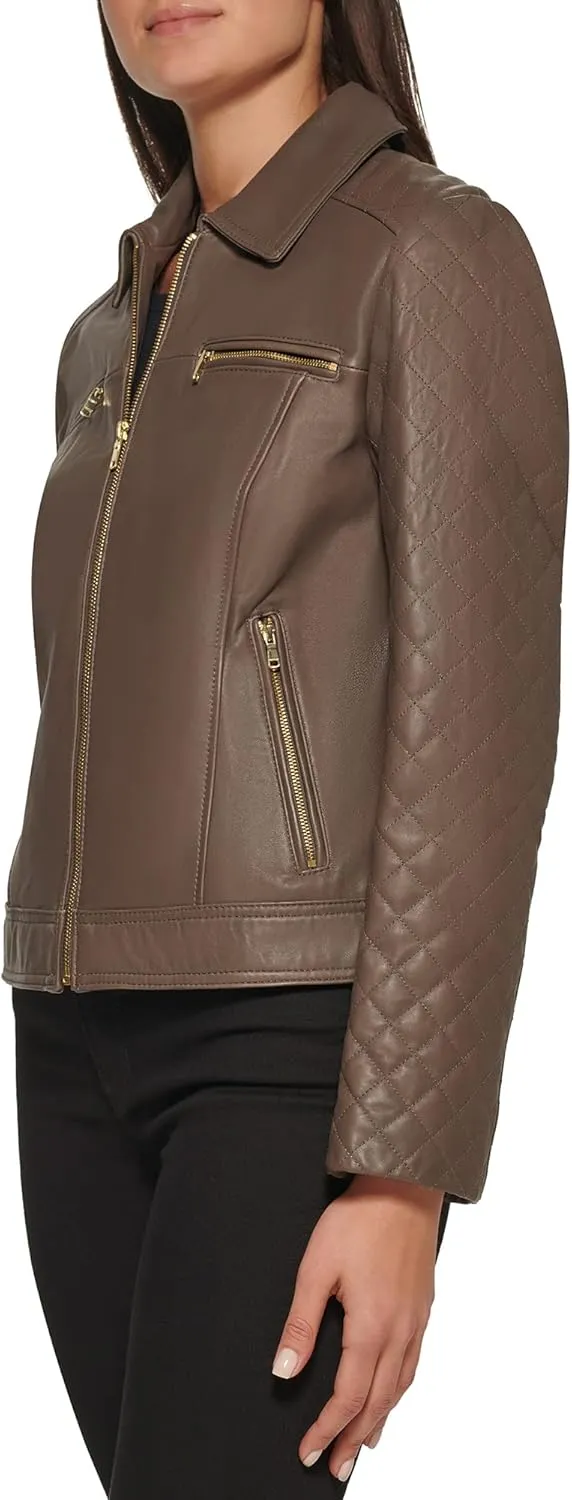 Cole Haan Women's Diamond Quilted Sleeve Shirt Collar Leather Coat