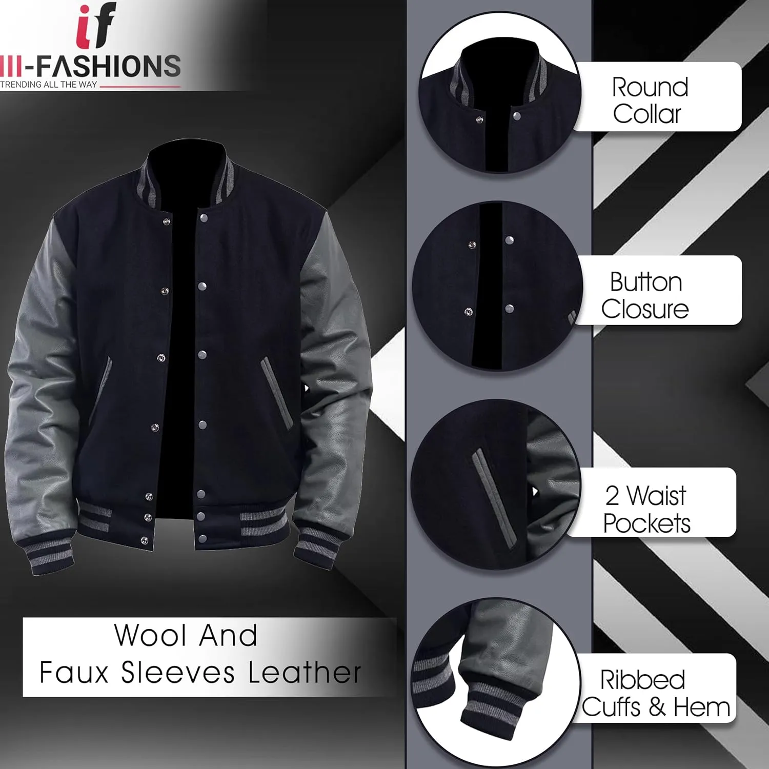 College Letterman Style Varsity Jacket  Mens/Womens High School Baseball Coat Wool   Faux Leather Sleeves