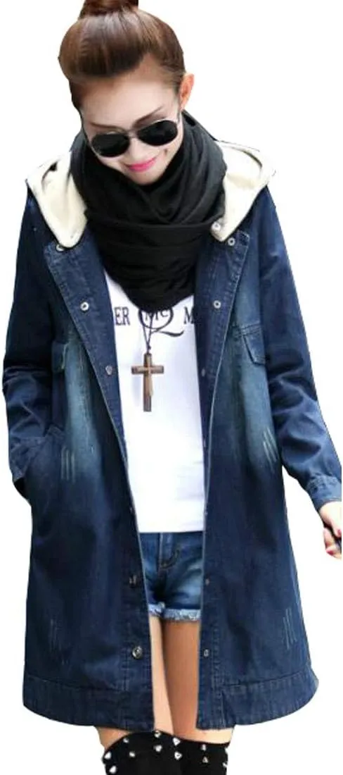 Colygamala Women's Long Denim Jacket Plus Size Zipper Long Sleeve Windbreaker With Hoodie (S-3XL)