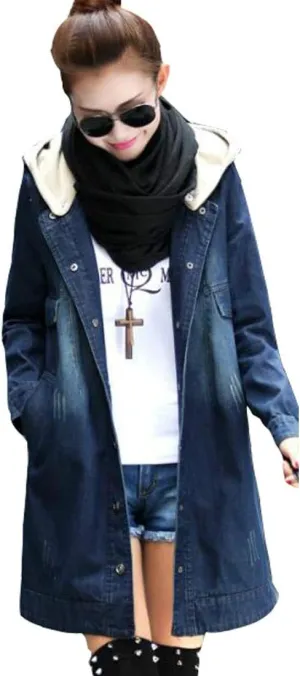 Colygamala Women's Long Denim Jacket Plus Size Zipper Long Sleeve Windbreaker With Hoodie (S-3XL)