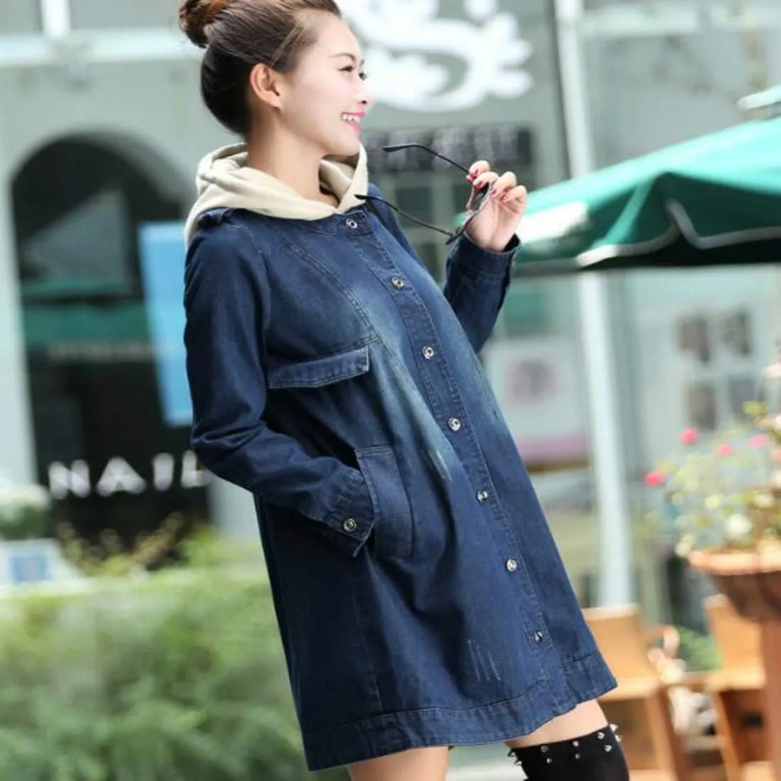 Colygamala Women's Long Denim Jacket Plus Size Zipper Long Sleeve Windbreaker With Hoodie (S-3XL)