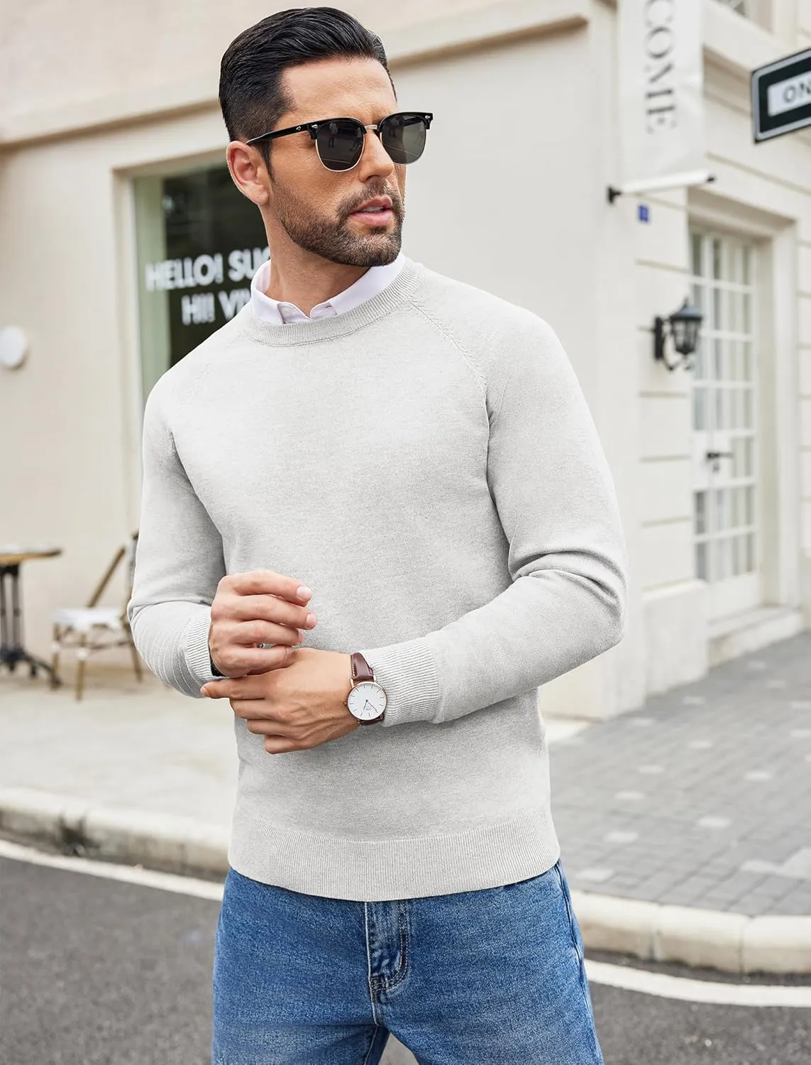 COOFANDY Men's Crewneck Sweater Casual Dress Pullover Sweater Slim Fit Lightweight Long Sleeve Raglan Sweaters