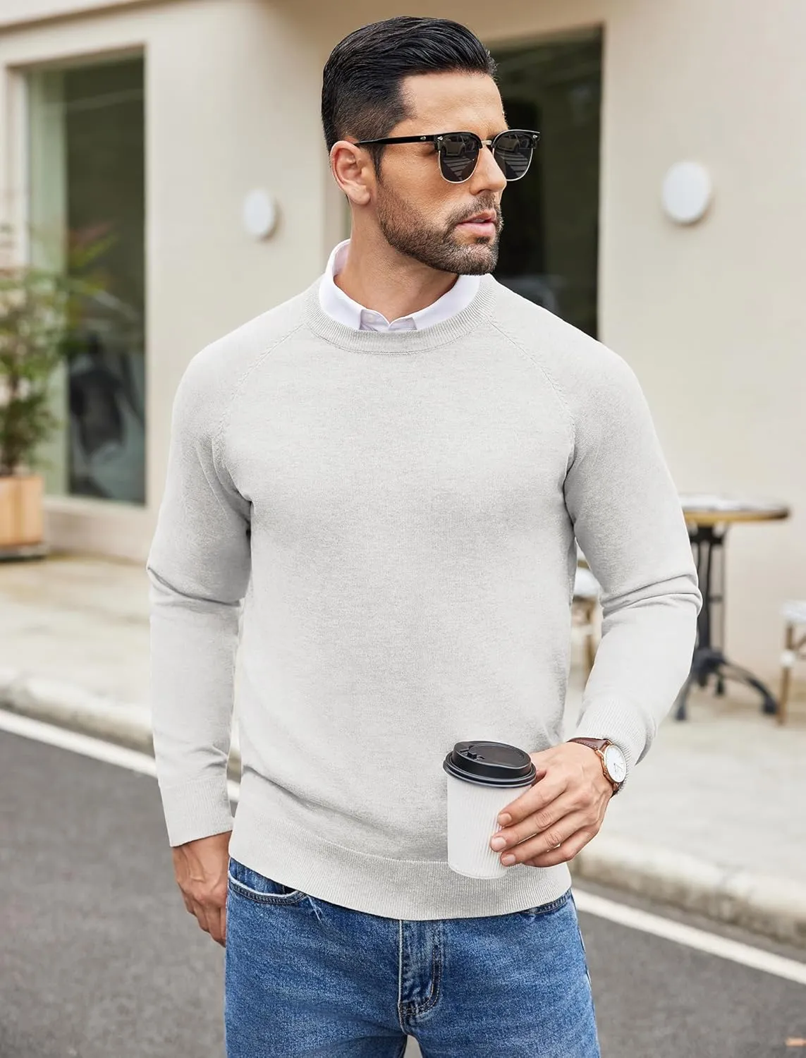 COOFANDY Men's Crewneck Sweater Casual Dress Pullover Sweater Slim Fit Lightweight Long Sleeve Raglan Sweaters