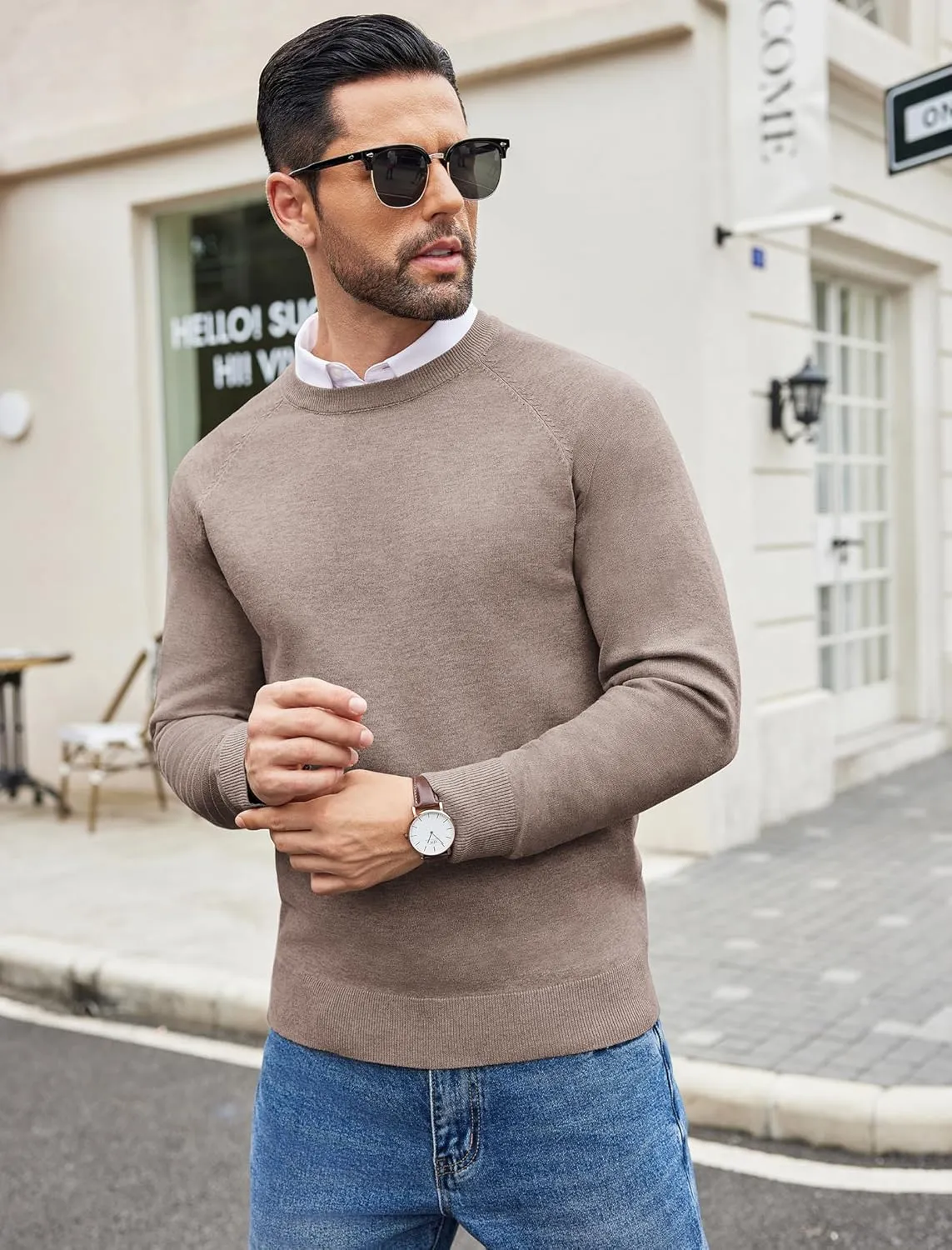 COOFANDY Men's Crewneck Sweater Casual Dress Pullover Sweater Slim Fit Lightweight Long Sleeve Raglan Sweaters
