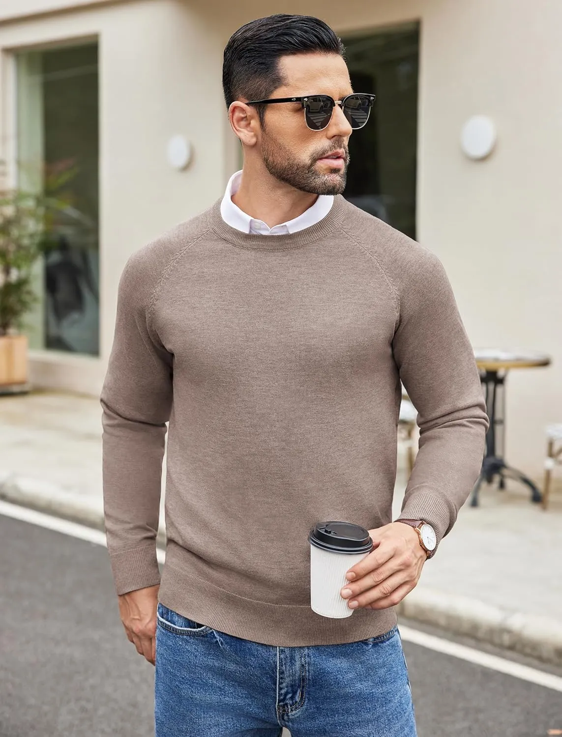 COOFANDY Men's Crewneck Sweater Casual Dress Pullover Sweater Slim Fit Lightweight Long Sleeve Raglan Sweaters