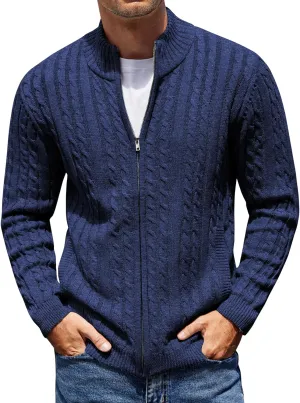 COOFANDY Men's Full Zip Cardigan Sweater Slim Fit Cable Knitted Zip Up Sweater with Pockets