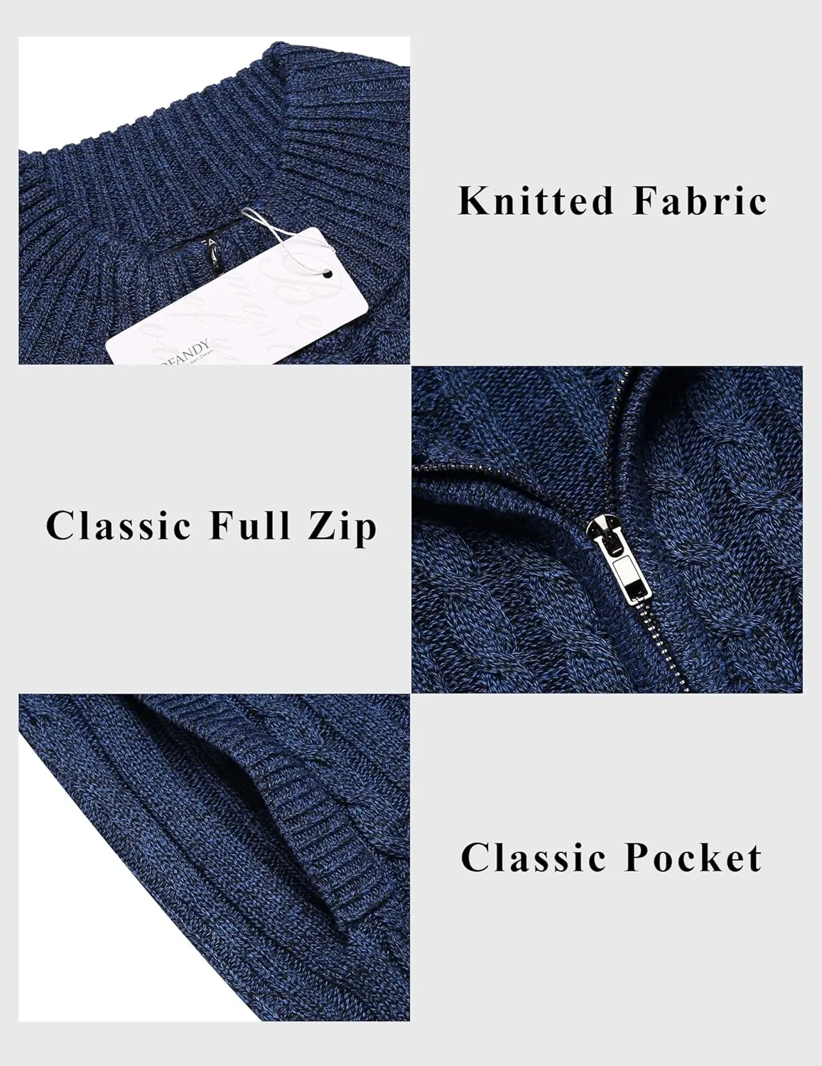 COOFANDY Men's Full Zip Cardigan Sweater Slim Fit Cable Knitted Zip Up Sweater with Pockets