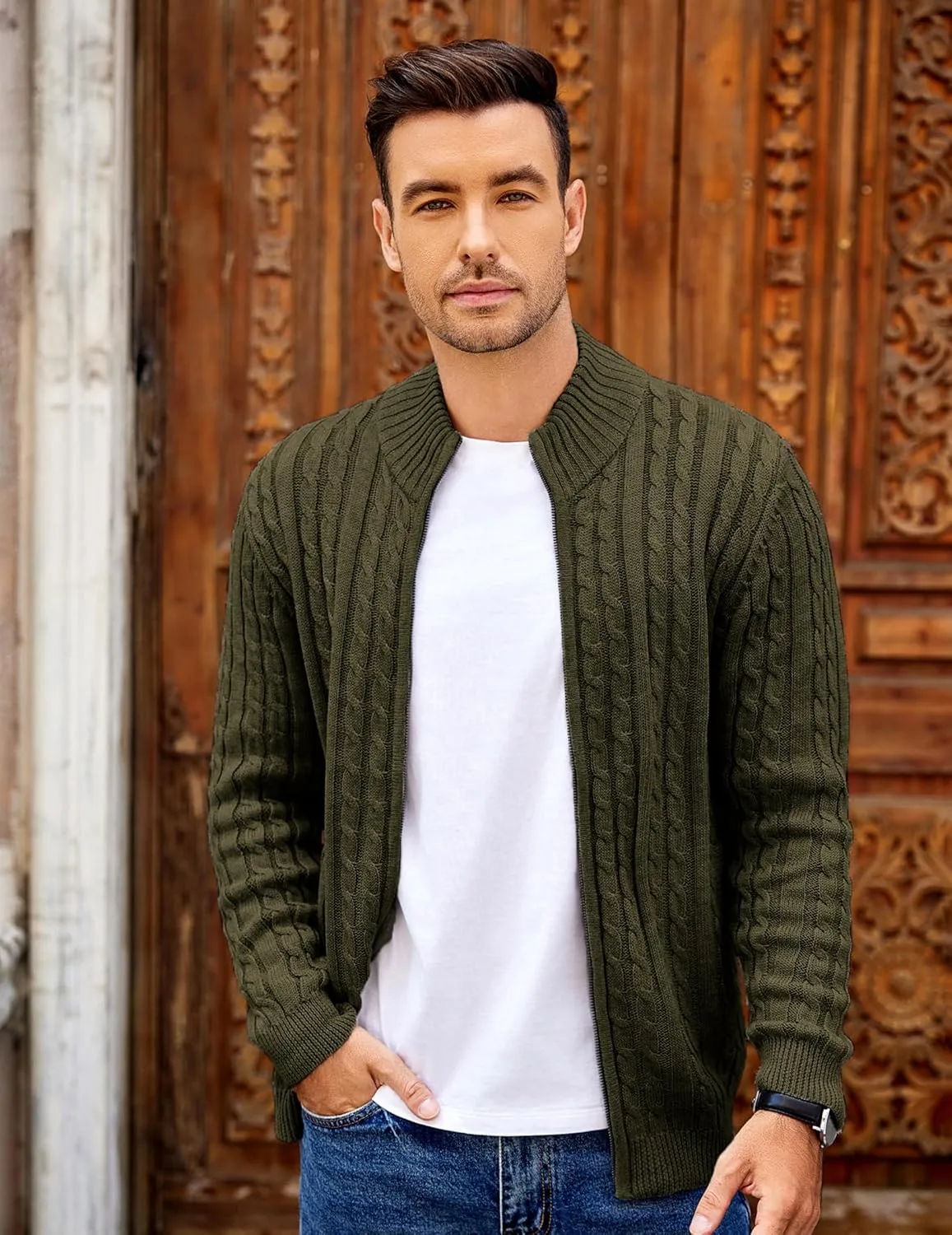 COOFANDY Men's Full Zip Cardigan Sweater Slim Fit Cable Knitted Zip Up Sweater with Pockets