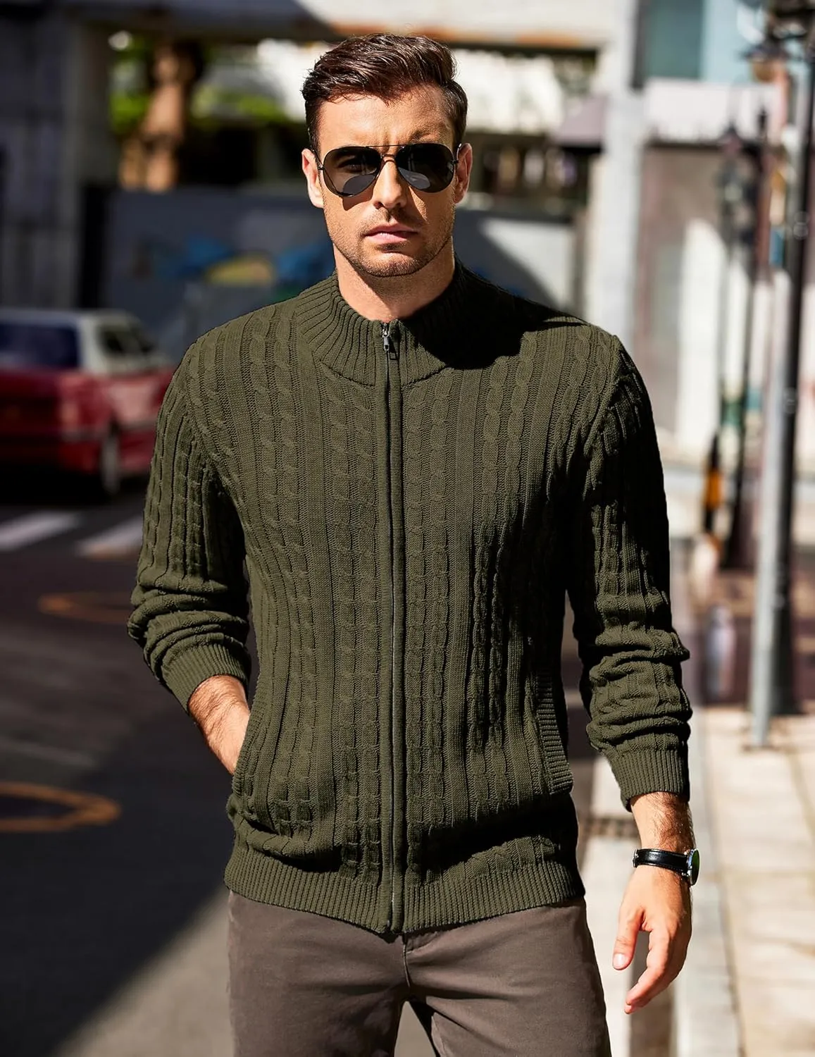 COOFANDY Men's Full Zip Cardigan Sweater Slim Fit Cable Knitted Zip Up Sweater with Pockets