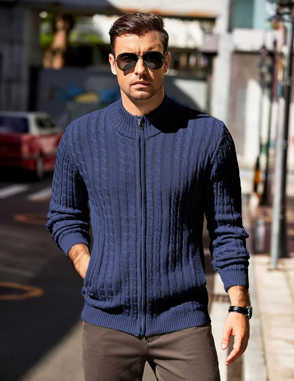 COOFANDY Men's Full Zip Cardigan Sweater Slim Fit Cable Knitted Zip Up Sweater with Pockets