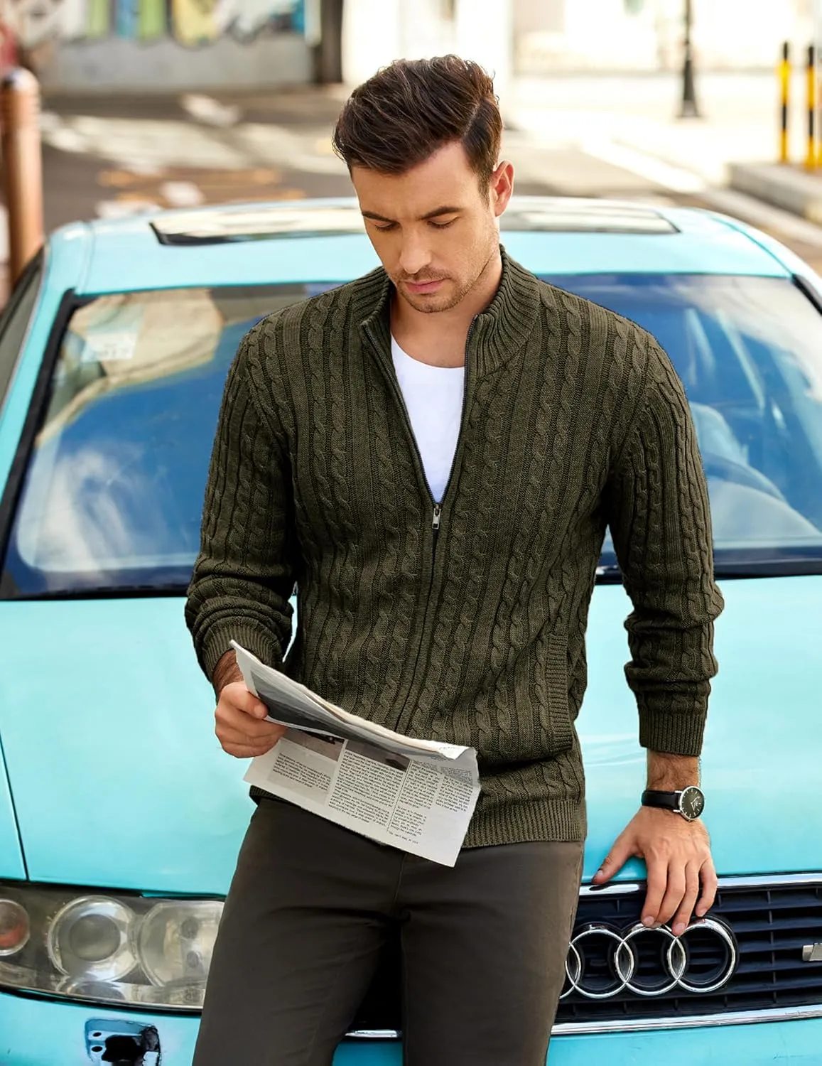 COOFANDY Men's Full Zip Cardigan Sweater Slim Fit Cable Knitted Zip Up Sweater with Pockets