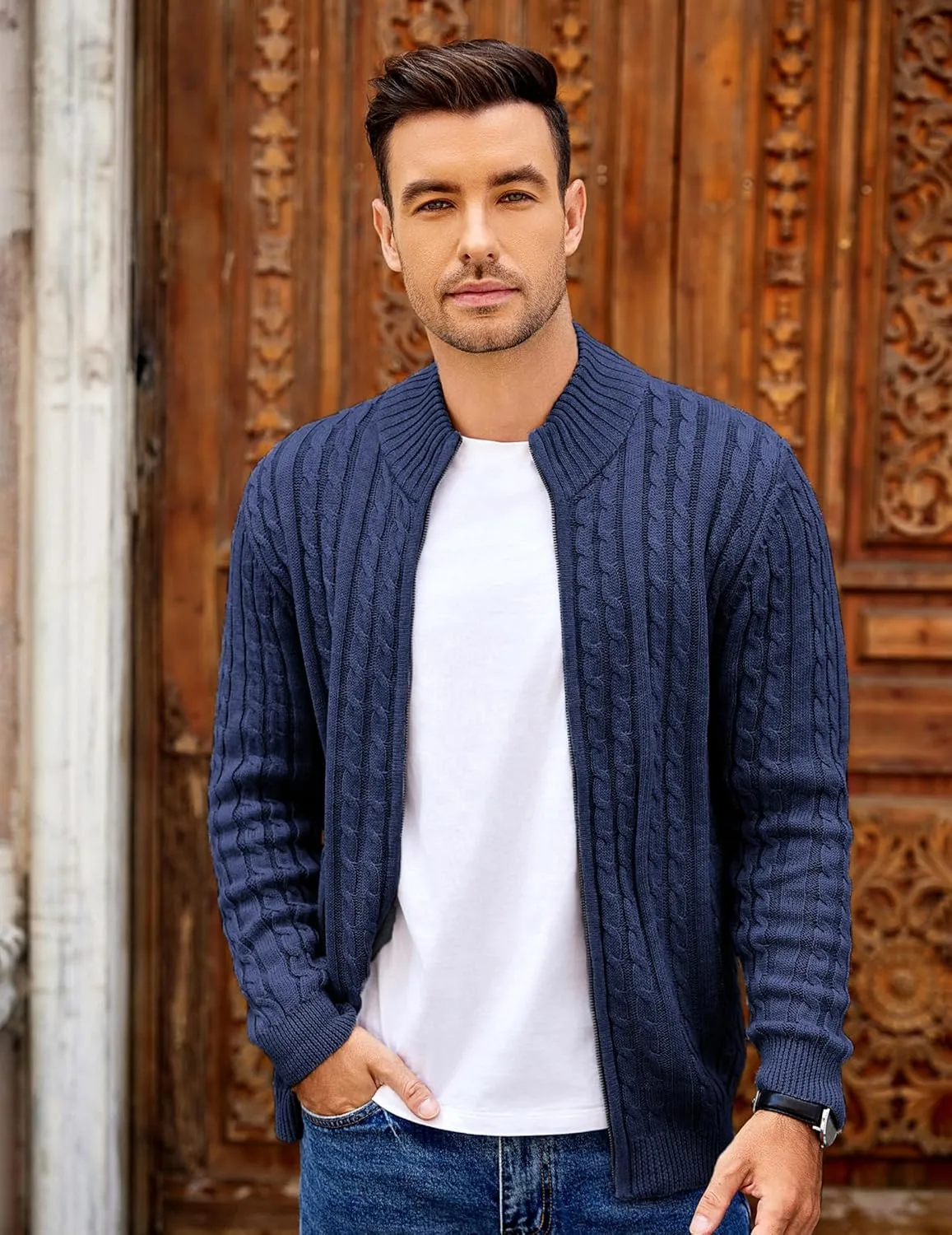 COOFANDY Men's Full Zip Cardigan Sweater Slim Fit Cable Knitted Zip Up Sweater with Pockets