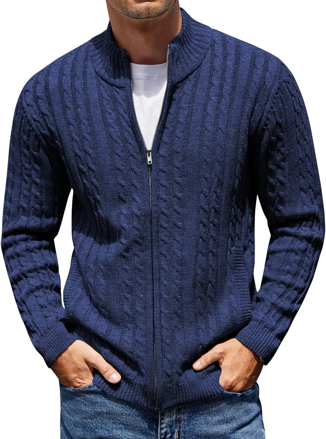 COOFANDY Men's Full Zip Cardigan Sweater Slim Fit Cable Knitted Zip Up Sweater with Pockets
