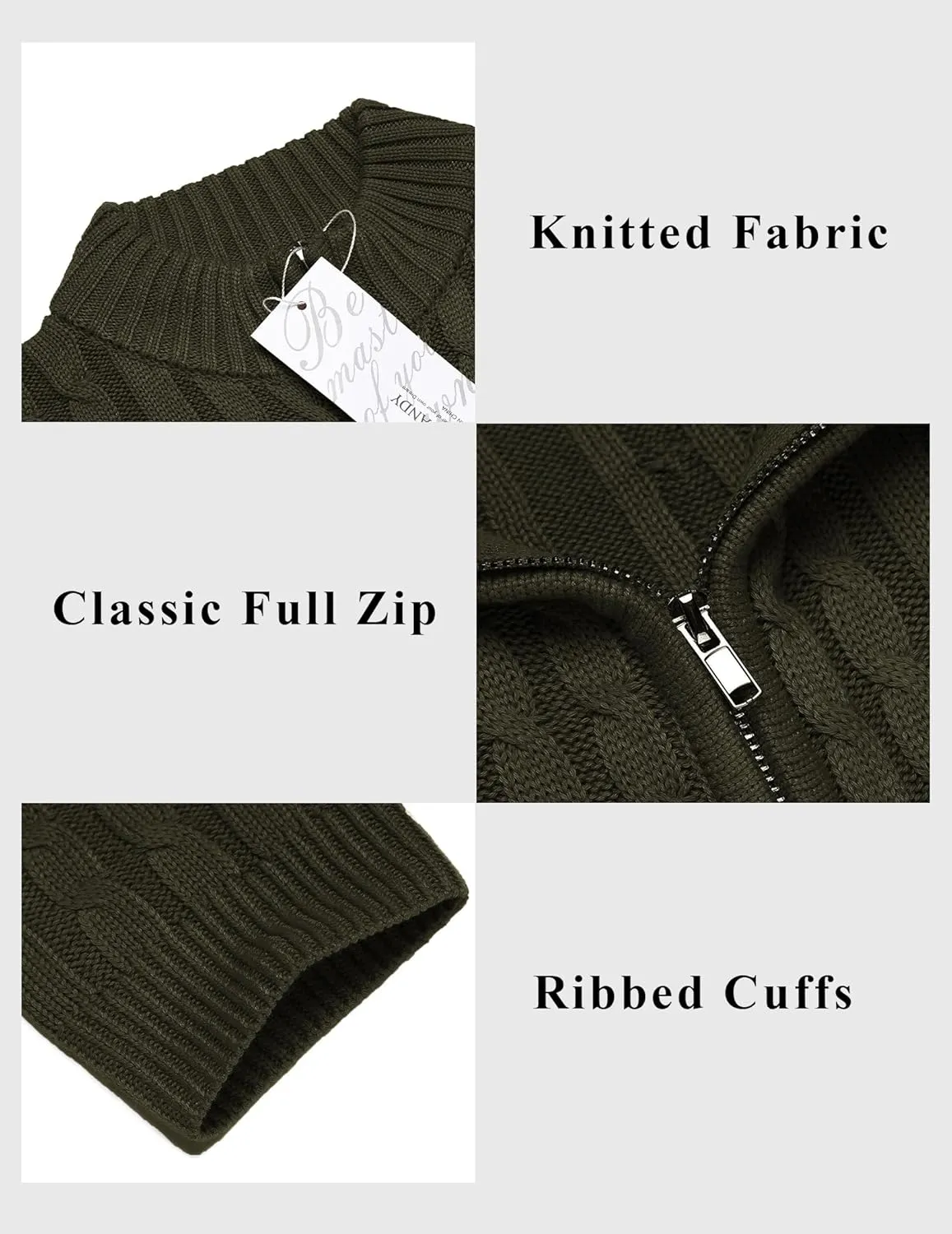 COOFANDY Men's Full Zip Cardigan Sweater Slim Fit Cable Knitted Zip Up Sweater with Pockets