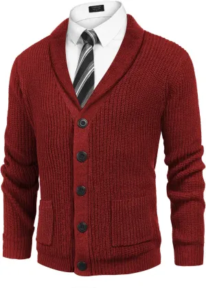 COOFANDY Men's Shawl Collar Cardigan Sweater Slim Fit Cable Knit Button up Sweater with Pockets