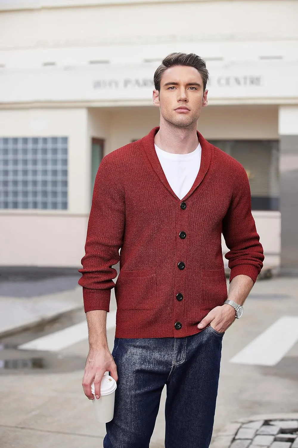 COOFANDY Men's Shawl Collar Cardigan Sweater Slim Fit Cable Knit Button up Sweater with Pockets