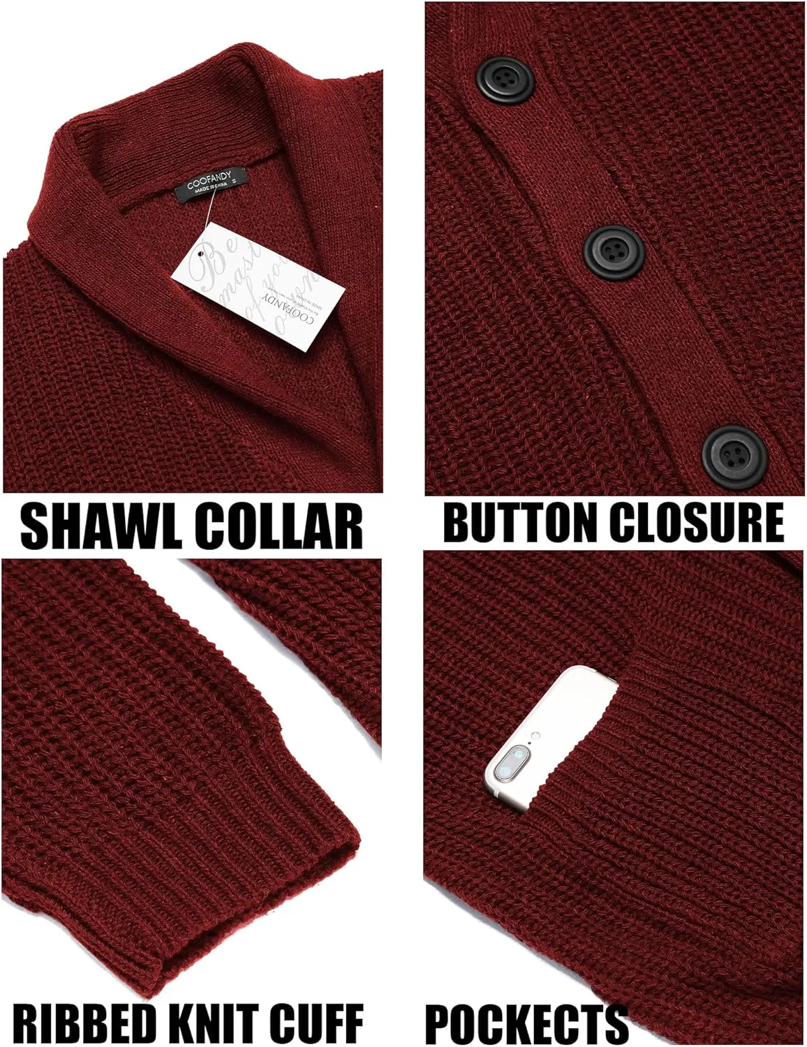COOFANDY Men's Shawl Collar Cardigan Sweater Slim Fit Cable Knit Button up Sweater with Pockets