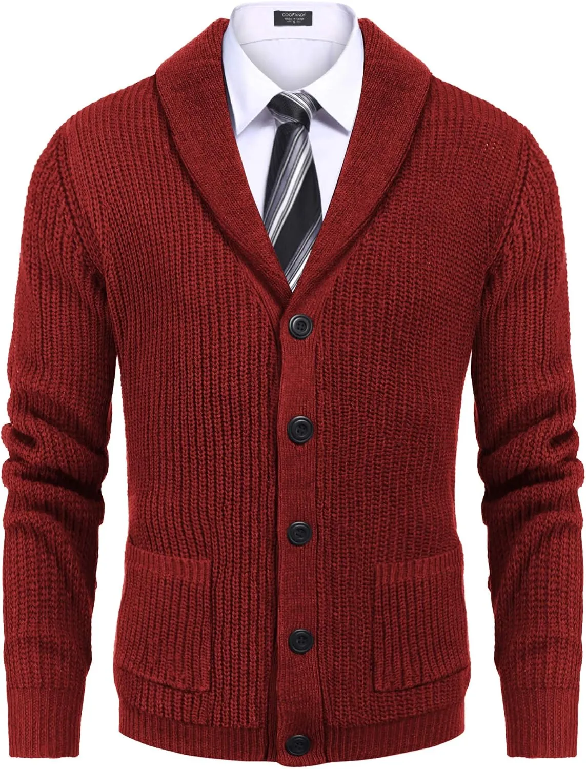 COOFANDY Men's Shawl Collar Cardigan Sweater Slim Fit Cable Knit Button up Sweater with Pockets