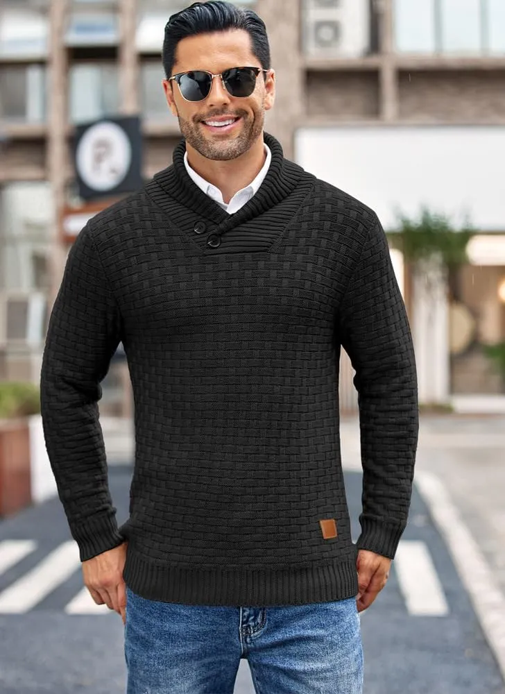 COOFANDY Men's Shawl Collar Pullover Sweater Casual Slim Fit Button Textured Knit Sweaters