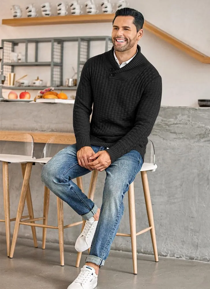 COOFANDY Men's Shawl Collar Pullover Sweater Casual Slim Fit Button Textured Knit Sweaters
