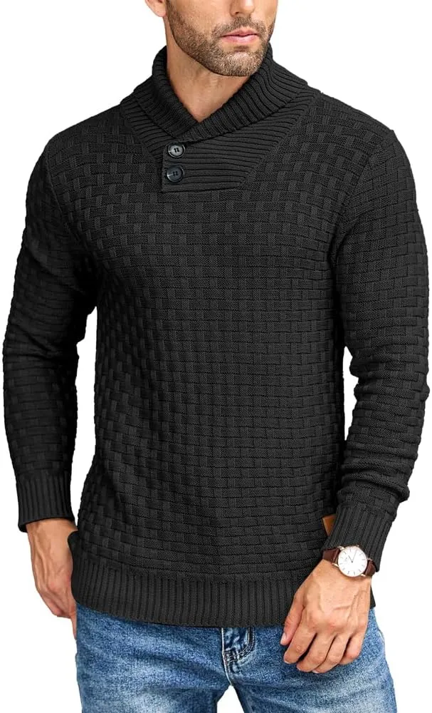 COOFANDY Men's Shawl Collar Pullover Sweater Casual Slim Fit Button Textured Knit Sweaters
