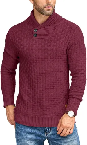 COOFANDY Men's Shawl Collar Pullover Sweater Casual Slim Fit Button Textured Knit Sweaters