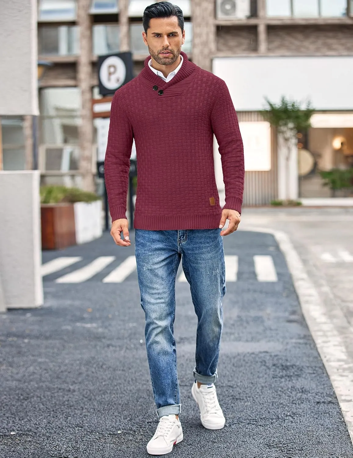 COOFANDY Men's Shawl Collar Pullover Sweater Casual Slim Fit Button Textured Knit Sweaters