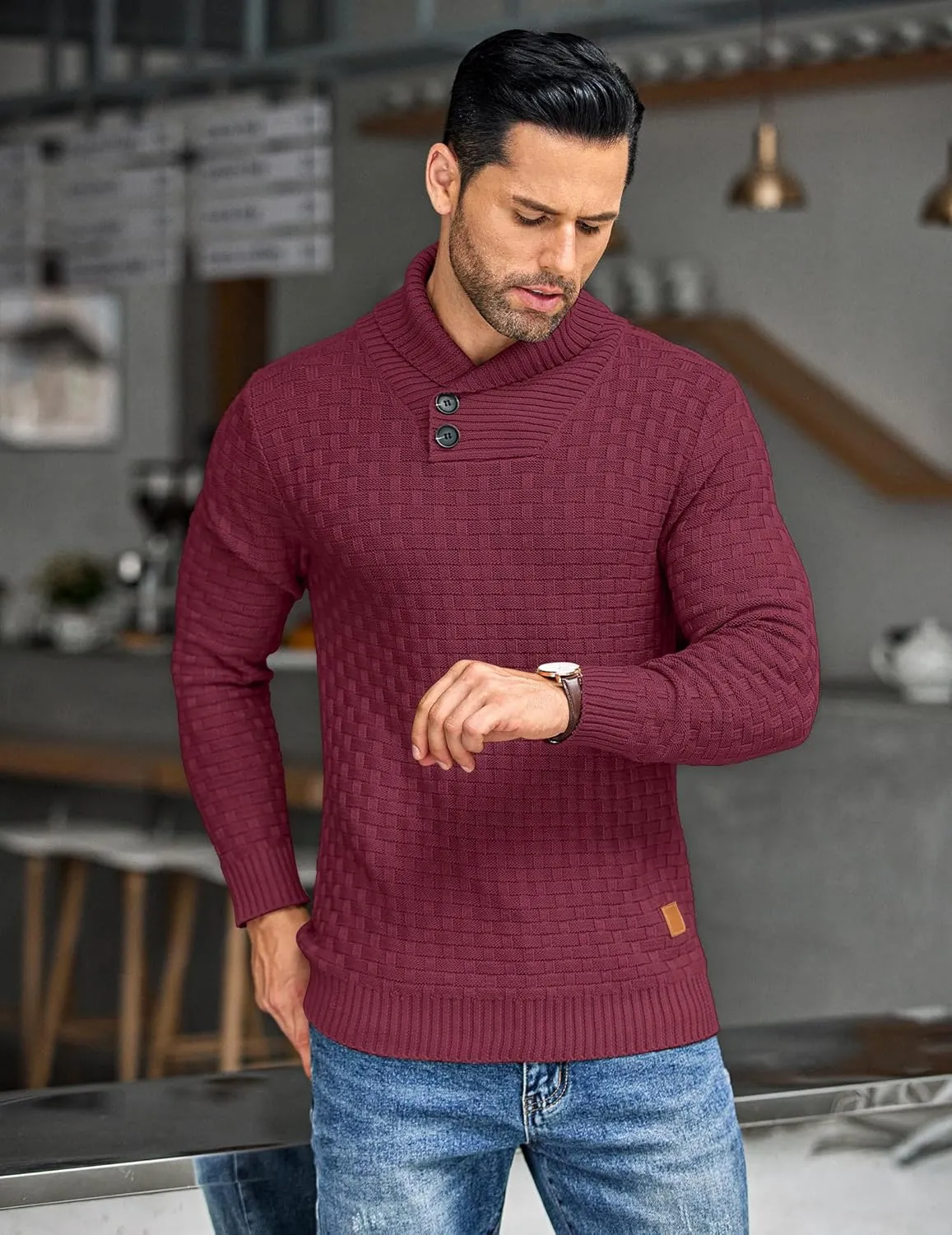 COOFANDY Men's Shawl Collar Pullover Sweater Casual Slim Fit Button Textured Knit Sweaters