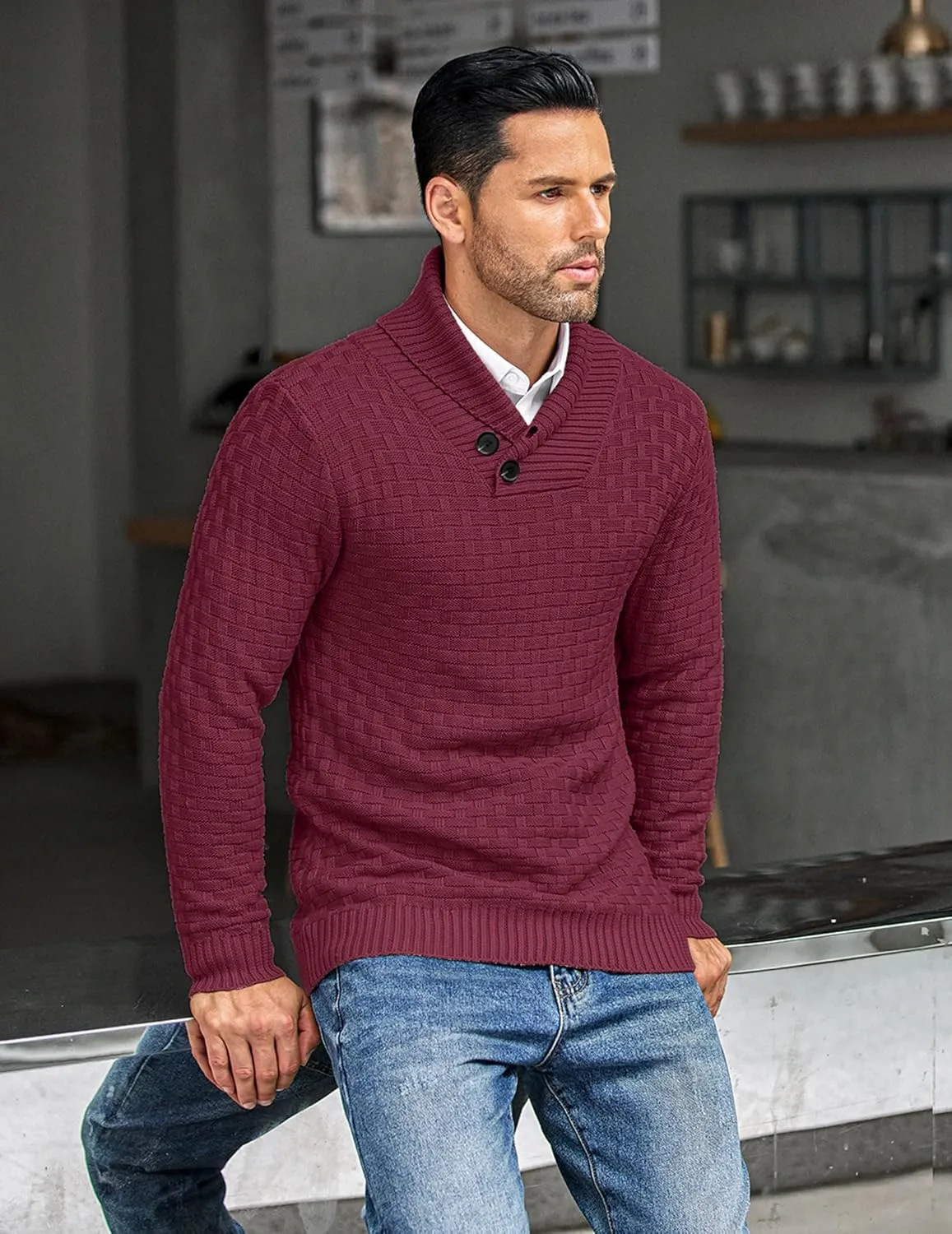 COOFANDY Men's Shawl Collar Pullover Sweater Casual Slim Fit Button Textured Knit Sweaters