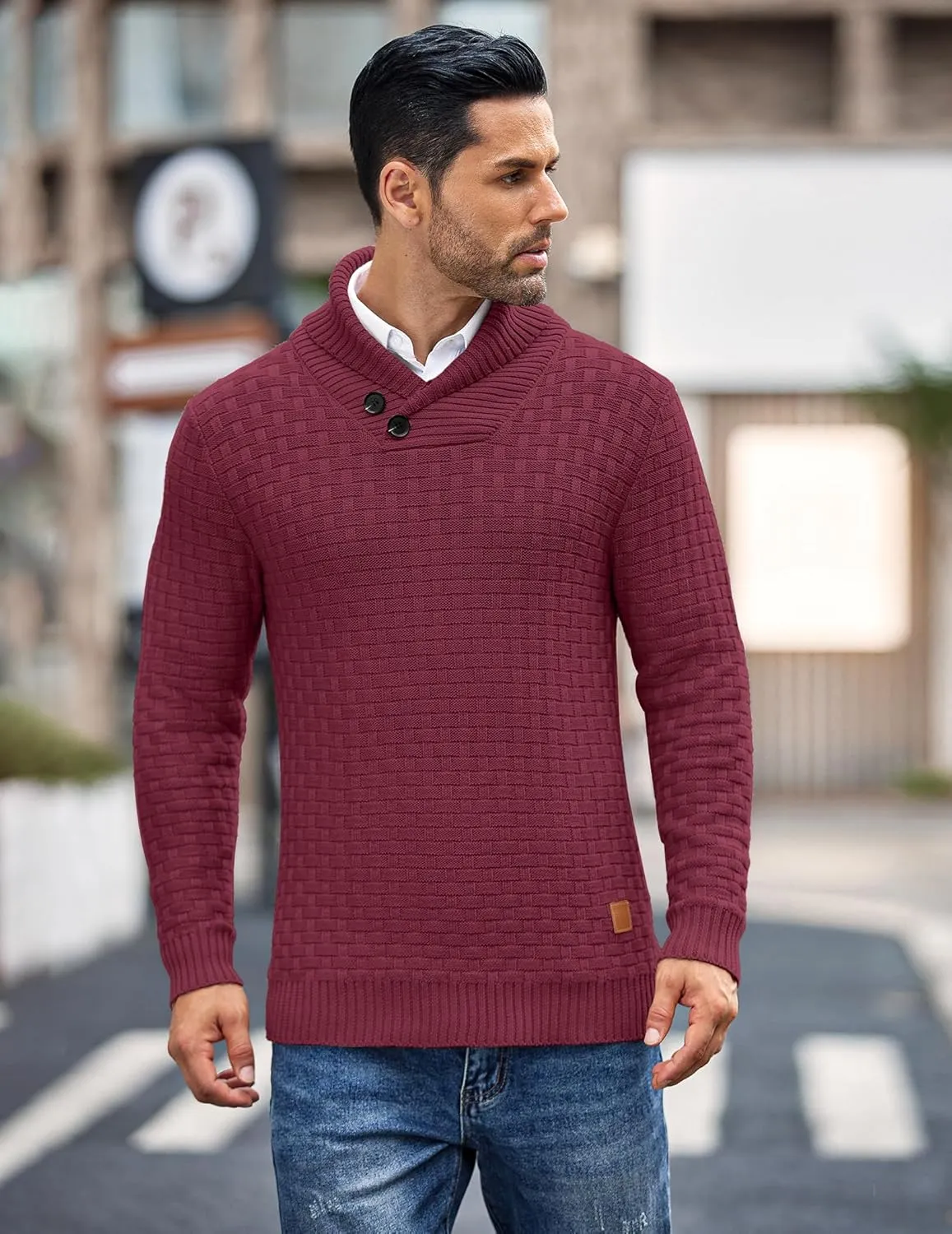 COOFANDY Men's Shawl Collar Pullover Sweater Casual Slim Fit Button Textured Knit Sweaters