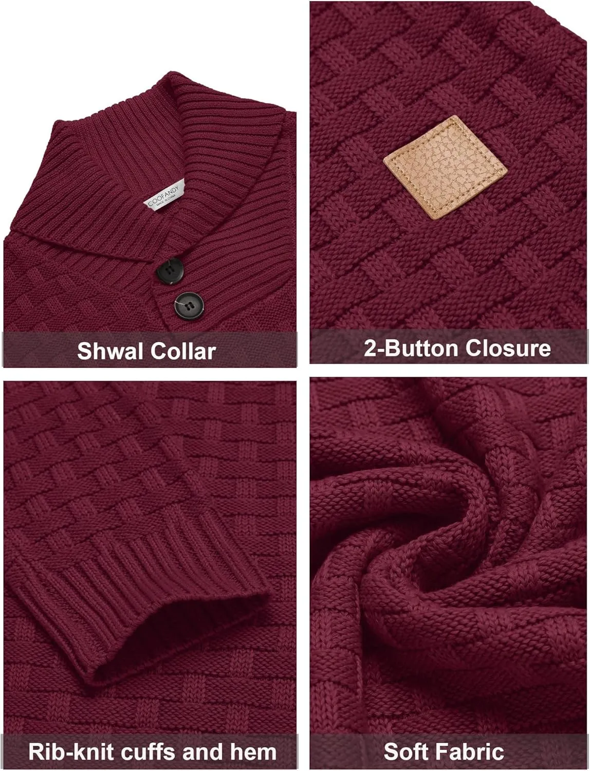 COOFANDY Men's Shawl Collar Pullover Sweater Casual Slim Fit Button Textured Knit Sweaters