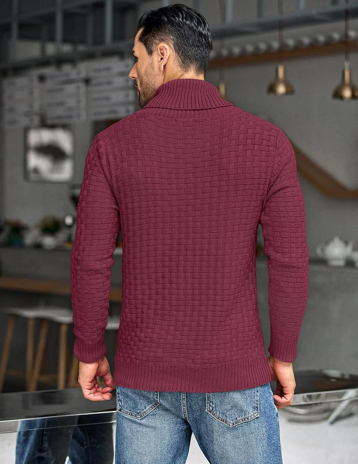 COOFANDY Men's Shawl Collar Pullover Sweater Casual Slim Fit Button Textured Knit Sweaters